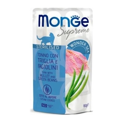 MONGE SUPREME Sterilised cat FLAKES tuňák/parmice/zelené fazolky 80 g 24 bal