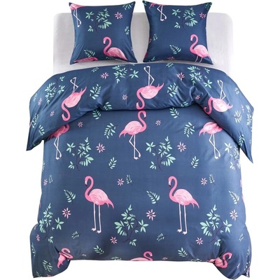 Комплект спално бельо, фламинго, нейви/розово, 200x200/80x80 см