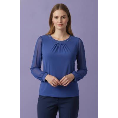 Couture Line Modrá elegantní halenka s dlouhým rukávem a kamínky