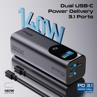 Promate Външна батерия ProMate TITAN-160 27600mAh PD 3.1 Power bank w/ 160W Total Output, 2x 140WPD USB-C input/output and 22.5 W USB-A (6959144065472)
