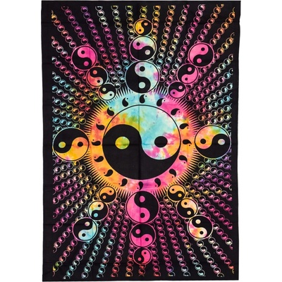 Sanu Babu přehoz na postel s tiskem duhový Jin-Jang černý podklad 130 x 210 cm