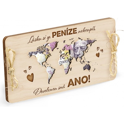 Dřevěná obálka na peníze Mapa 20x10cm - Dar na dovolenou snů