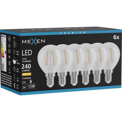 Mexen Vintis 6x LED филамент крушка E14, G45, 2W, Топла - 2700K, 240 lm, прозрачна (L156-E14-0227-00x06)