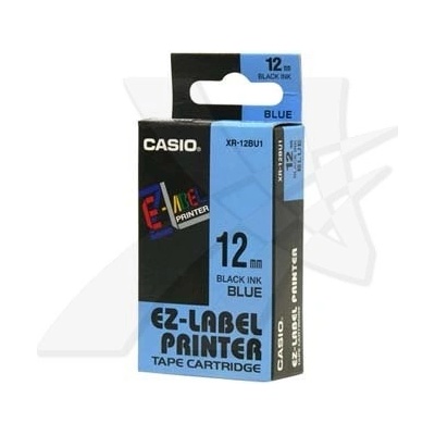 Casio originál páska do tlačiarne štítkov, Casio, XR-12BU1, čierny tlač/modrý podklad, nelaminovaná, 8m, 12mm
