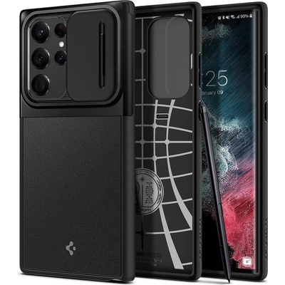 Spigen Optik Armor Case - тънък качествен силиконов (TPU) калъф с капак за камерата за Samsung Galaxy S22 Ultra (черен)