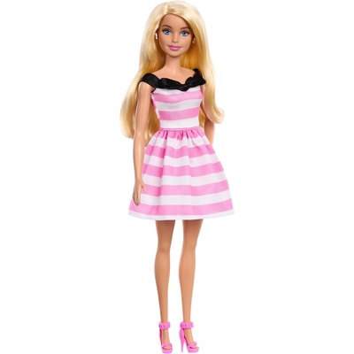 Barbie Mattel Barbie 65-та годишнина - Блондинка кукла в розова райе рокля (HTH66) (96722)