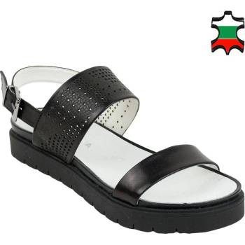Image 1 of Български обувки Дамски черни сандали от естествена кожа с перфорация на равно ходило