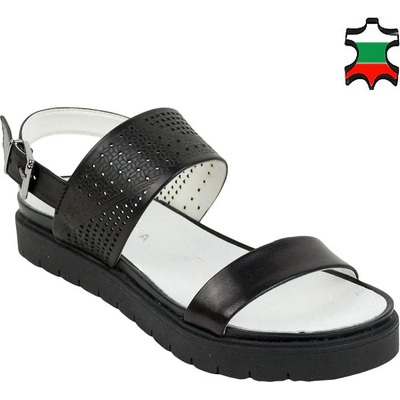 Български обувки Дамски черни сандали от естествена кожа с перфорация на равно ходило