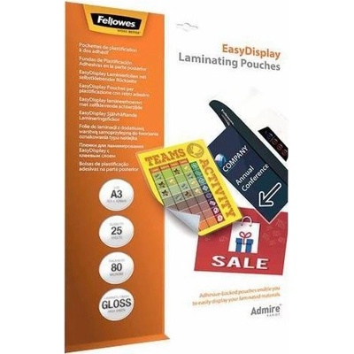 Laminovací fólie "Admire Easy Display", 80 mikronů, A3, lesklá, samolepící, 25 ks, FELLOWES