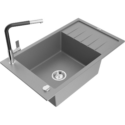 Mexen Elias гранитна мивка 1-коморова с отцедник и кухненски смесител Flora, сив - 6511-71-670401-07 (6511-71-670401-07)