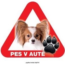 Grel nálepka na sklo pozor pes v autě papillon hnědo-bilý