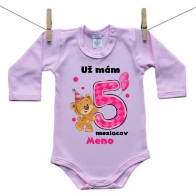 Boodyy Ružové body s dlhým rukávom Už mám 5 mesiacov s Medvedíkom a menom dieťatka Dievča