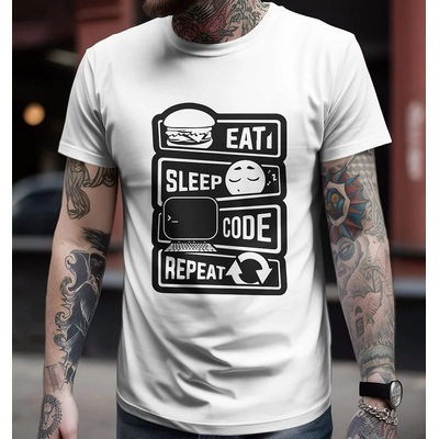 Bullshirt.sk pánske tričko Eat Sleep Code Repeat biele