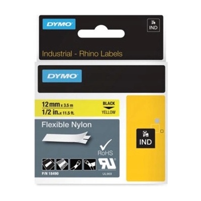 Originální páska do tiskárny Dymo štítků, Dymo, 18490, černý tisk/žlutý podklad, 3.5m, 12mm, RHINO flexibilní nylonová