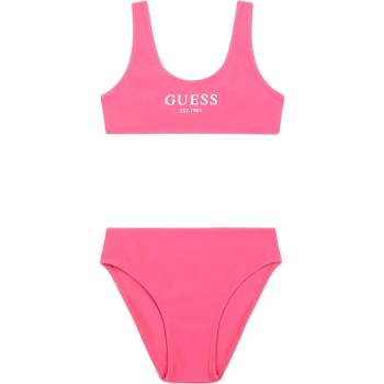 GUESS Бански от две части в цикламено за момиче с бял надпис Guess