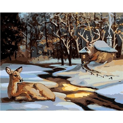 zuty Malování Podle Čísel Laň A Jelen U Zasněženého Domu D. Rusty Rust 40 x 50 Cm Plátno Rám