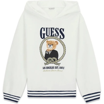 GUESS Бял суичър с качулка и тъмно сини детайли и цветно мече Guess