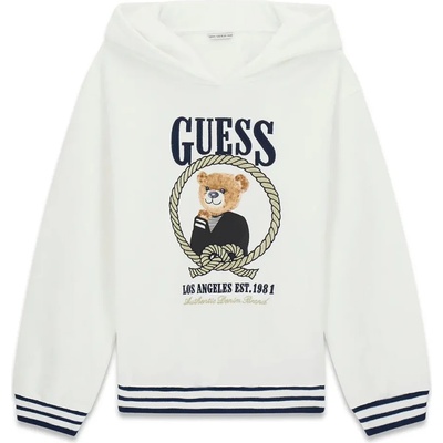 GUESS Бял суичър с качулка и тъмно сини детайли и цветно мече Guess