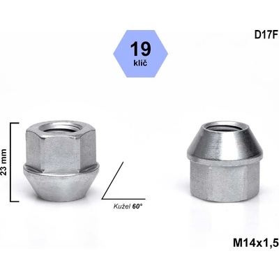 Kolová matice M14x1,5 kužel otevřená, klíč 19, D17F, výška 23 mm