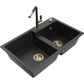 Mexen Tomas гранитна кухненска мивка с 2 отделения и с кухненски смесител Flora, черен/сребрист металик - 6516-73-670401-57-G (6516-73-670401-57-G)