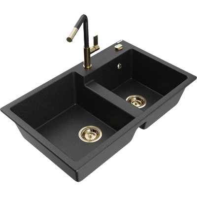 Mexen Tomas гранитна кухненска мивка с 2 отделения и с кухненски смесител Flora, черен/сребрист металик - 6516-73-670401-57-G (6516-73-670401-57-G)