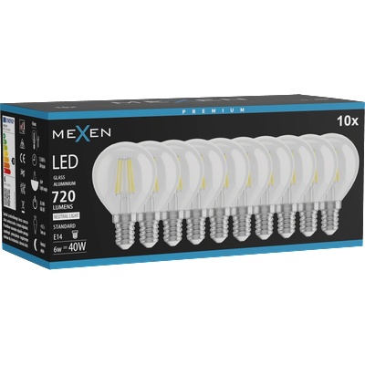 Mexen Vintis 10x LED филамент крушка E14, G45, 6W, Неутрална - 4000K, 720 lm, прозрачно (L156-E14-0640-00x10)