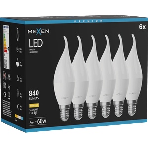 Mexen Nova 6x LED крушка пламък E14, C37, 8W, Топла - 3000K, 840 lm - L106-E14-0830-01x06 (L106-E14-0830-01x06)