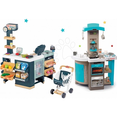 Smoby Set kuchynka skladacia Tefal Opencook Bubble modrá s magickým bublaním a kávovarom a obchod Maxi Market elektronický