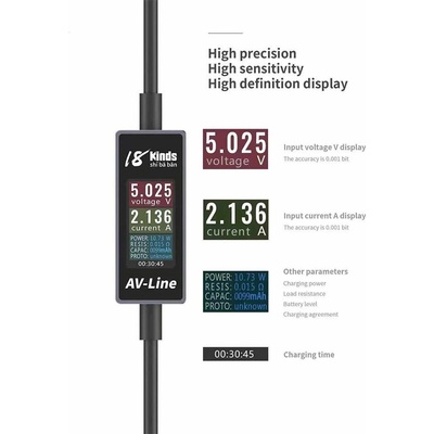 AV-Line USB Lightning кабел с измерване на ток, напрежение и консумация за iPhone, iPad и iPod с Lightning порт - AV-Line Digital Display Lightning USB Cable (черен)