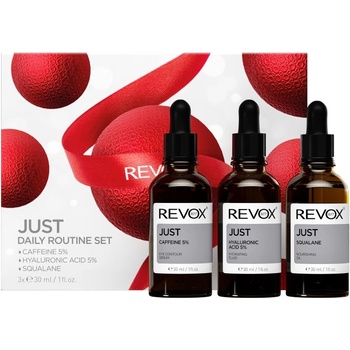 Revox B77 Комплект за ежедневна грижа Revox B77: Just Кофеин 5% Против тъмни кръгове Дневен Серум за очи 30 мл + Just Хиалуронова киселина 5% Хидратиращ Флуид За лице 30 мл + Just Сквалан Подхранващо Масло За лице 30 мл