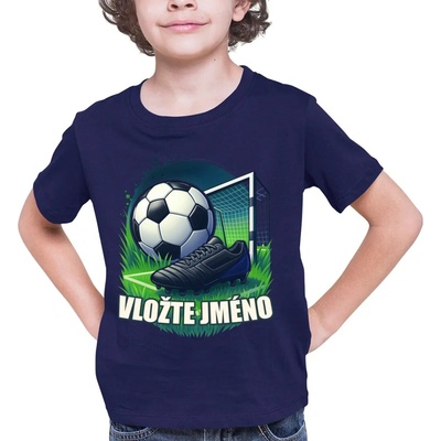 Fotbal (jméno) míč a hřiště dětské tričko s potiskem personalizovaný produkt Tričkový 1 Navy Junior