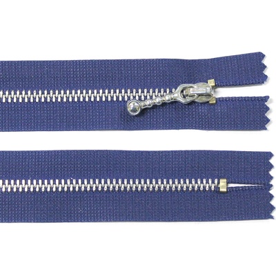 Kovový zip no.3 nerozepínací 20cm modrý (stříbrné zoubky) ozdobný jezdec