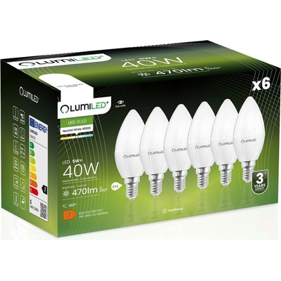 LUMILED 6x LED žiarovka E14 B35 5W = 40W 470lm 4000K Neutrálna biela 180°