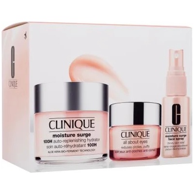 Clinique Moisture Surge Ultra Hydration Travel Exclusive подаръчен комплект: дневен крем за лице Moisture Surge 100H Auto-Replenishing Hydrator 125 ml + спрей за лице Moisture Surge Face Spray Thirsty Skin Relief 30 ml + околоочен крем All About Eyes 15 m