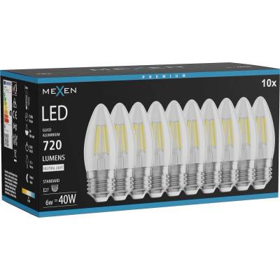 Mexen Vintis 10x LED крушка с нажежаема жичка E27, C35, 6W, Неутрална - 4000K, 720 lm, (L154-E27-0640-00x10)