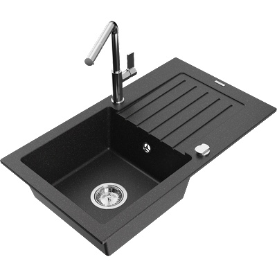 Mexen Pablo гранитна мивка с 1 отделение с отцедник и кухненски смесител Flora, черен/сребрист металик - 6510-73-670401-00 (6510-73-670401-00)
