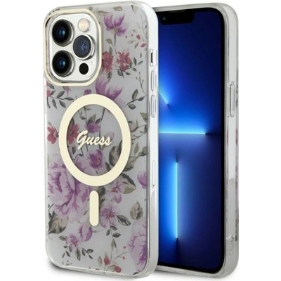 GUESS Кейс Guess GUHMP14LHCFWST за iPhone 14 Pro 6.1", прозрачен, твърд, Flower MagSafe (GUE002738-0)