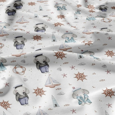 Bavlnená látka vzor Slony a kormídlo na bielom 690