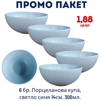 Промо пакет 6 бр. Порцеланова купа, светло синя 14см. 300мл. внос Португалия, преоценка