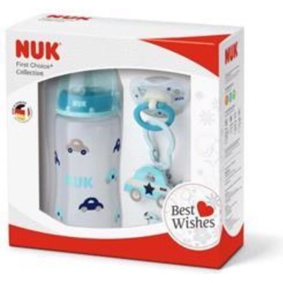Nuk dárková sada 1 láhev+dudlík+klip na dudlík modrá