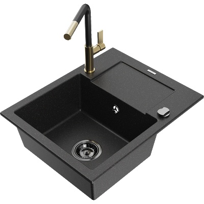 Mexen Enzo гранитна мивка с 1 отделение с отцедник и кухненски смесител Flora, черен/сребърен металик - 6506-73-670401-57-B (6506-73-670401-57-B)