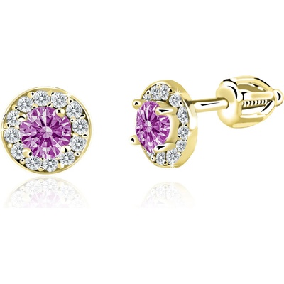 Duppi dievčenské náušnice okrúhle DU 32039 zo žltého zlata s kamienkami uprostred fialovými okolo bielymi zapínánie balónik