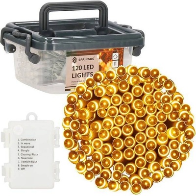 SPRINGOS LED světelný řetěz 9m 120LED 8-funkcí 3xAA IP44 teplá bílá