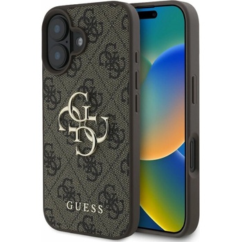 GUESS Предпазен калъф Guess PU 4G Metal Logo за iPhone 16, кафяв