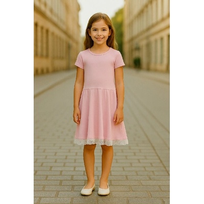 Fashionkids dievčenské ružové bavlnené šaty s čipkou ružová