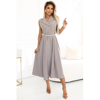 Numoco Елегантна миди рокля с риза, златни копчета и колан - сиво numoco | Bezhov | ЖЕНИ | ЕДИН РАЗМЕР