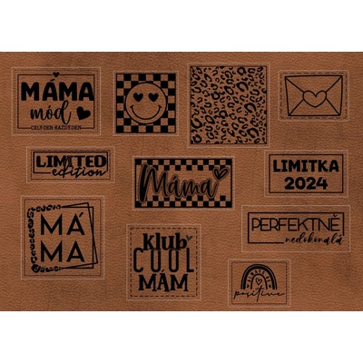 Koženkový štítok Balíček koženkových štítkov MAMA CZ PATINA laser koženka: DENIM Bledý jeans/čierna