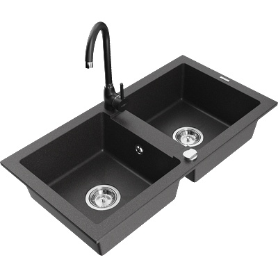 Mexen Mario гранитна кухненска мивка 2-камерна с кухненски смесител Telma, черен на петна - 6504-76-670200-70 (6504-76-670200-70)