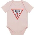 Guess Късо бебешко боди за новородено момиче в бледо розов цвят с червено лого Guess