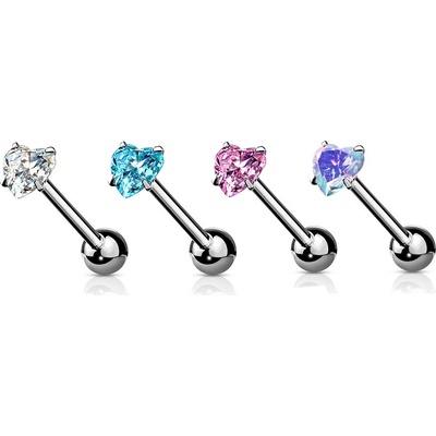 Šperky eshop ocelový piercing do jazyka stříbrná hladká činka zirkon ve tvaru srdíčka PVD Q3.17 Aqua modrá Q